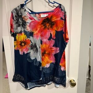 Tribal Blue and Orange Graphic Blouse Relaxed Fit